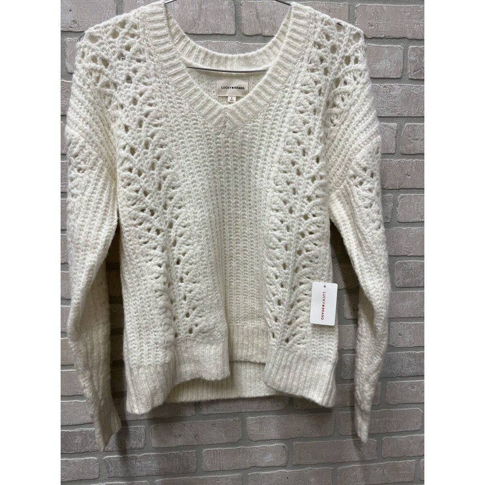 Lucky brand sweater for women Sz L 12/14 White V neck cable net NWT